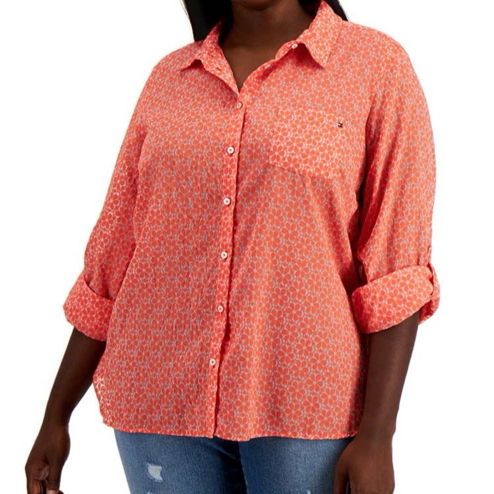 Tommy Hilfiger Women’s Orange Long Sleeve Semi-sheer Floral Blouse Size 2X
